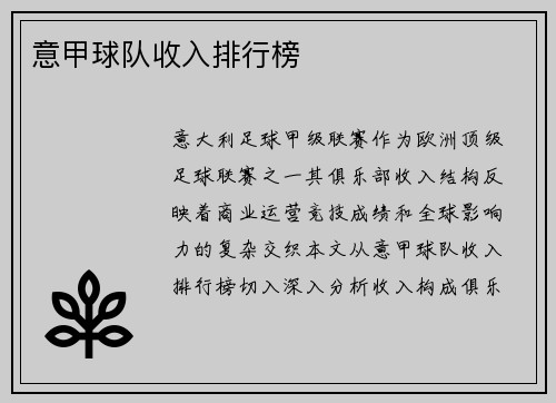 意甲球队收入排行榜